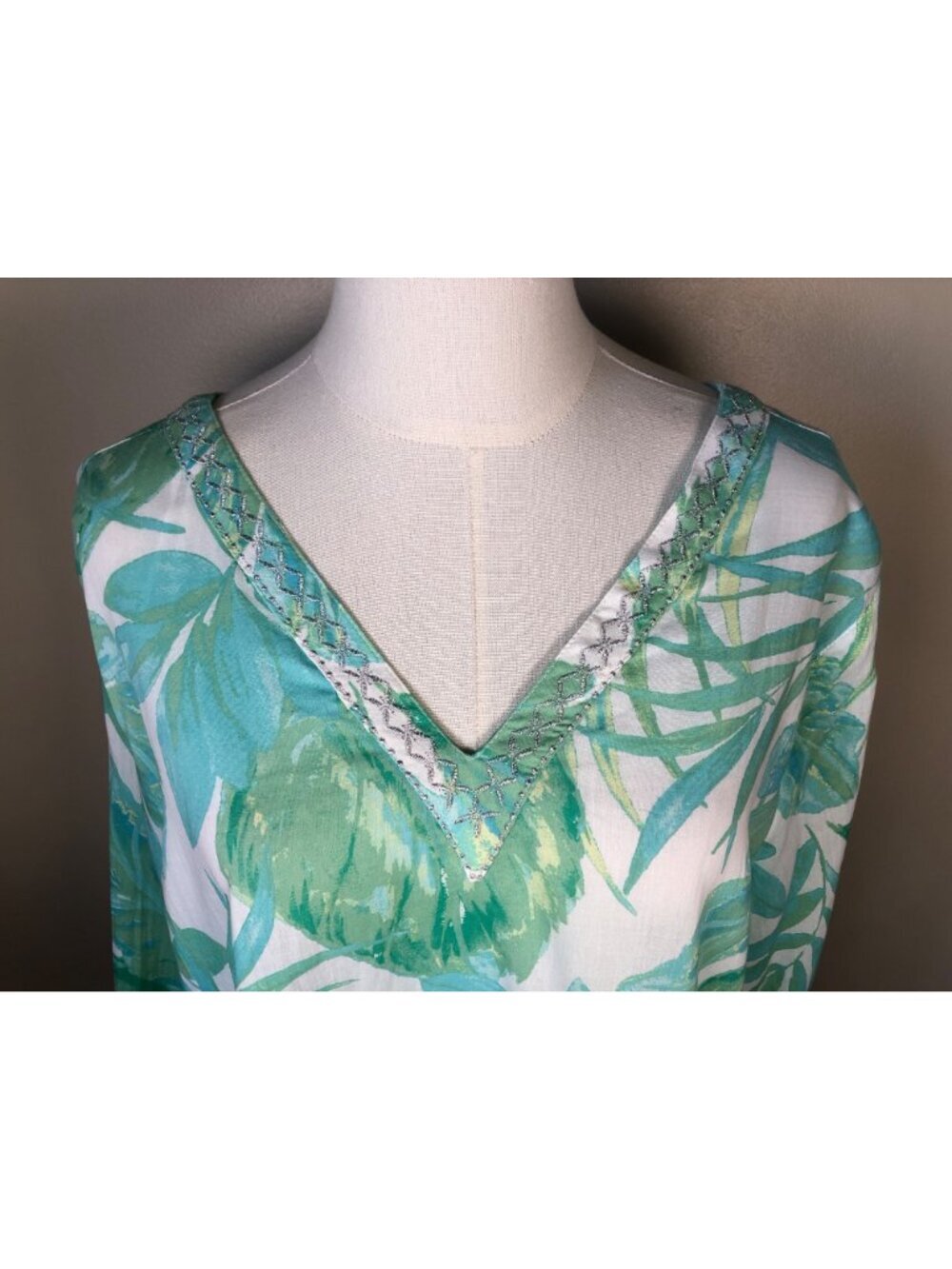 Christian Siriano Tropical Green & White Cover Up Tunic Size L Beach Bohemian - Picture 2 of 9